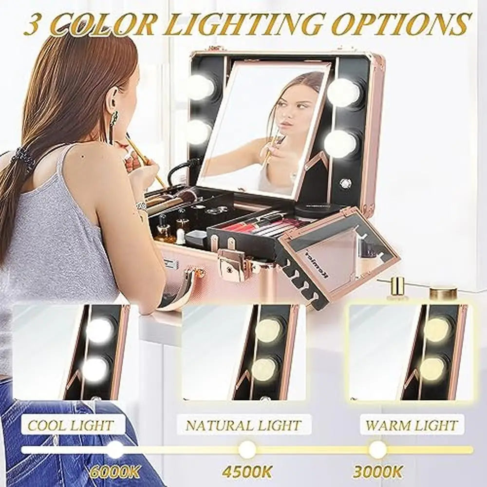 Makeup Organizer Box with Lights and Mirror Cosmetics Customized Dividers Large Capacity Train Case Waterproof Dimmable LEDs