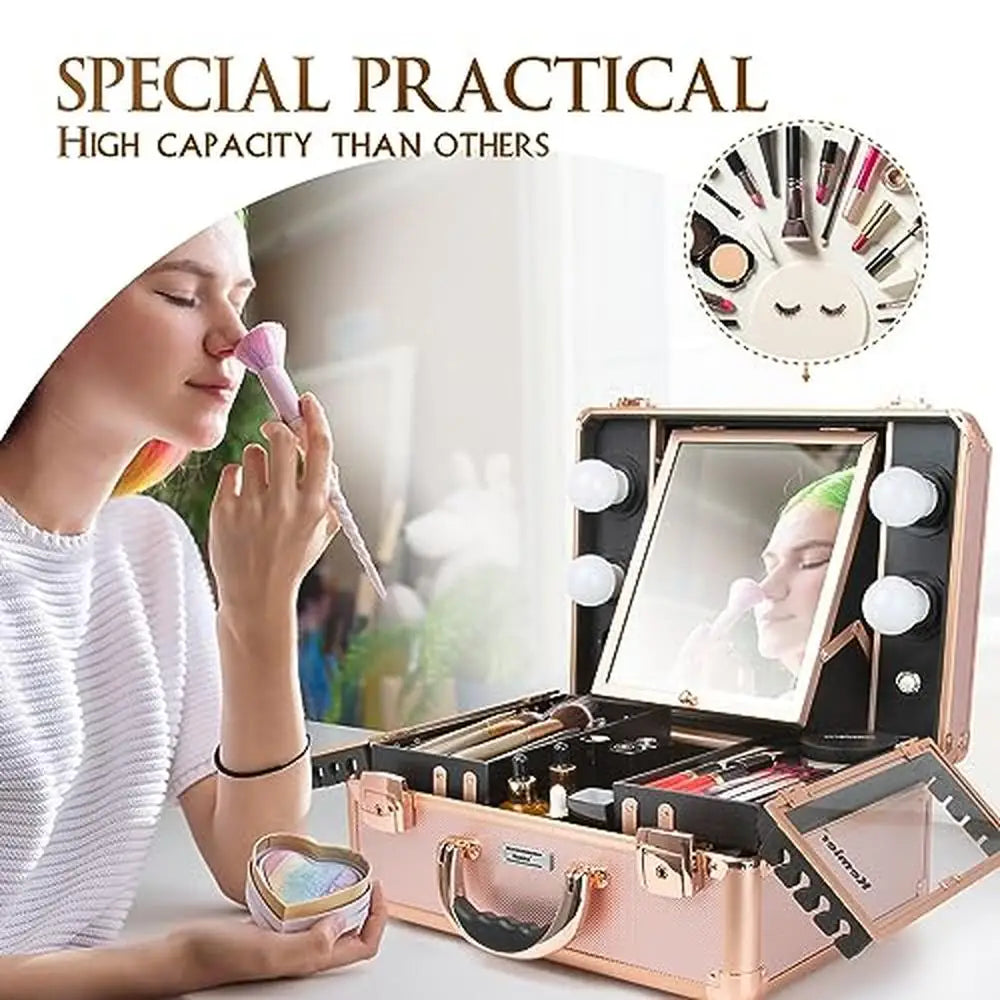 Makeup Organizer Box with Lights and Mirror Cosmetics Customized Dividers Large Capacity Train Case Waterproof Dimmable LEDs
