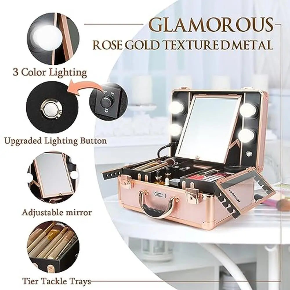 Makeup Organizer Box with Lights and Mirror Cosmetics Customized Dividers Large Capacity Train Case Waterproof Dimmable LEDs
