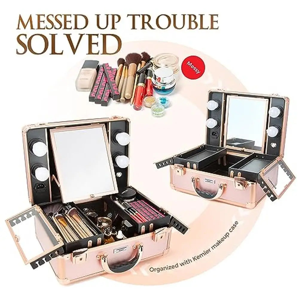 Makeup Organizer Box with Lights and Mirror Cosmetics Customized Dividers Large Capacity Train Case Waterproof Dimmable LEDs