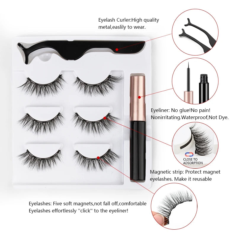 Magnetic Eyelashes Set 1/2/3 Pairs Natural Long False Eyelashes Soft Mink Lashes Waterproof Liquid Eyeliner Tweezer Makeup Tools