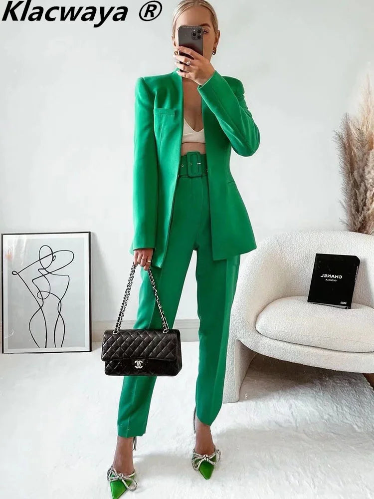 Klacwaya Women Suit Blazer And Pants Blazer Women 2022 High Waisted Trousers Women Office Green Pants Female Suits Set Formal