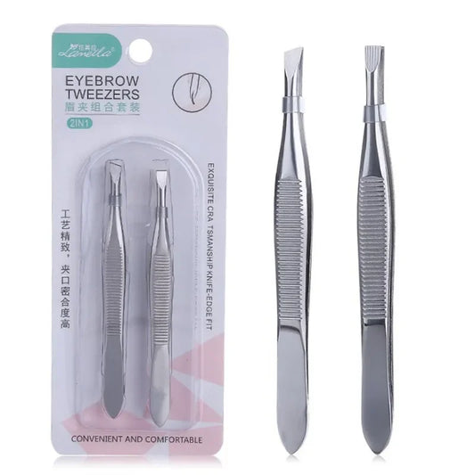 2Pcs/Set Professional Slanted/flat Stainless Steel Hair Removal Clip Eyebrow Face Hair Remover Tweezers Eyebrow Plucking Tools