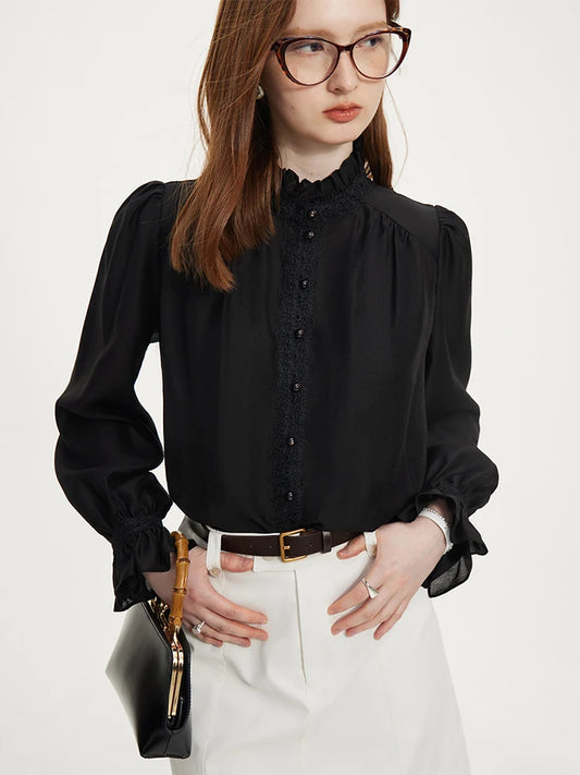 FSLE Women Stand Collar Temperament Shirts Autumn New Long Sleeve Shirt+Thin Vest Two Sets Puff Sleeve Black Blouses 24FS13190