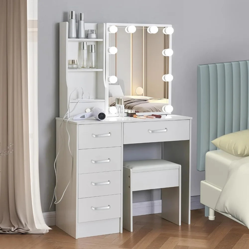 Vanity Desk with Mirror and Lights & Power Outlet, Sliding Makeup Lighted Vanity Mirror with Storage Dresser