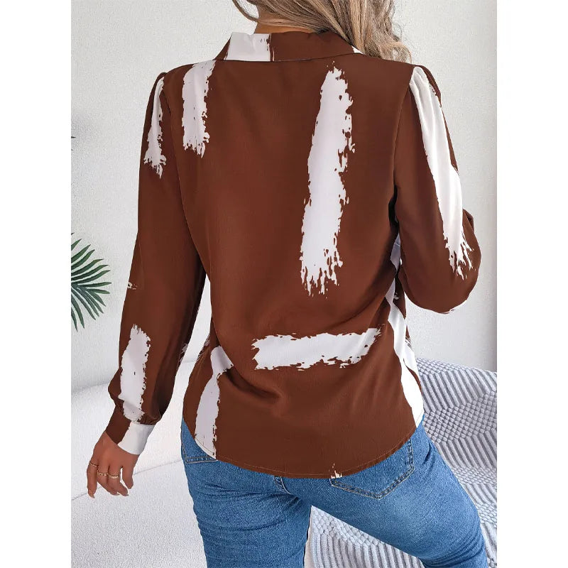 Women's Clothing 2023 Autumn and Winter Fashion New Spliced Button Print Suit Collar Long Sleeve Versatile Temperament Shirt