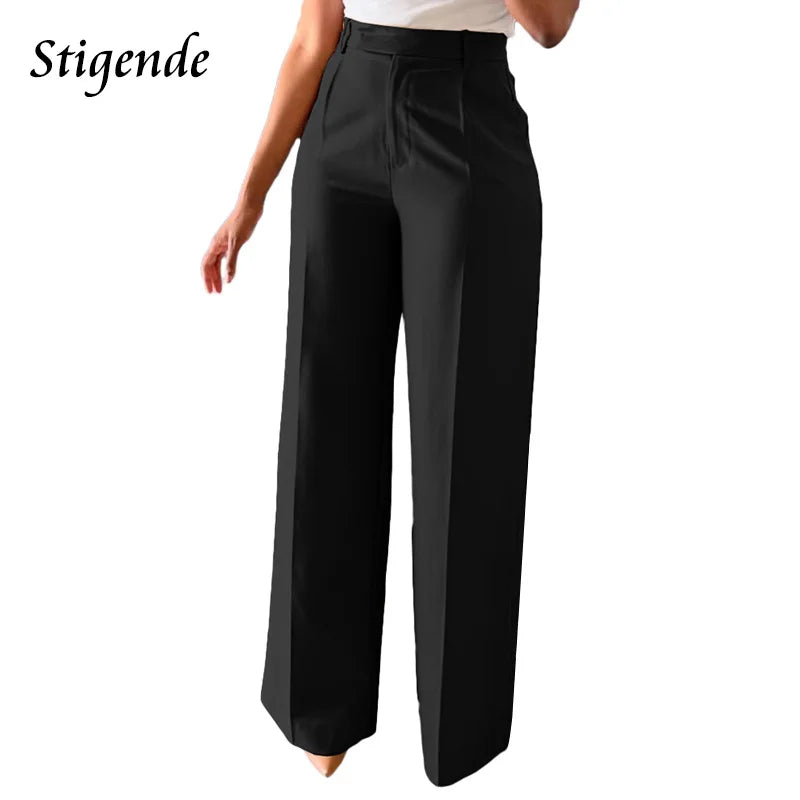 Stigende Wide Leg Straight Dress Pants with Pocket Women Plain Color Business Casual Pants Loose Fit Midi Waist Office Trousers