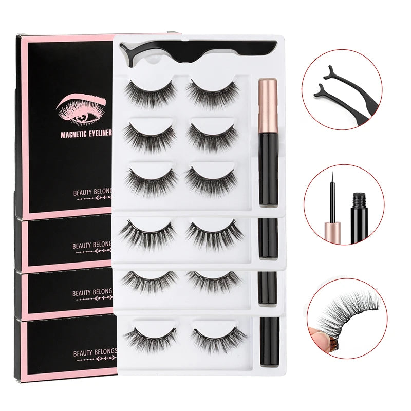 Magnetic Eyelashes Set 1/2/3 Pairs Natural Long False Eyelashes Soft Mink Lashes Waterproof Liquid Eyeliner Tweezer Makeup Tools