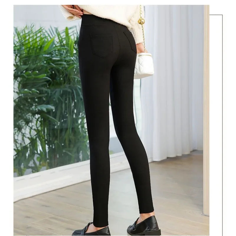 2023 Women's Spring and Autumn New Pockets Fashion High Waist Solid Color Slim Fit Small Feet Bottom Slim and Versatile Pants