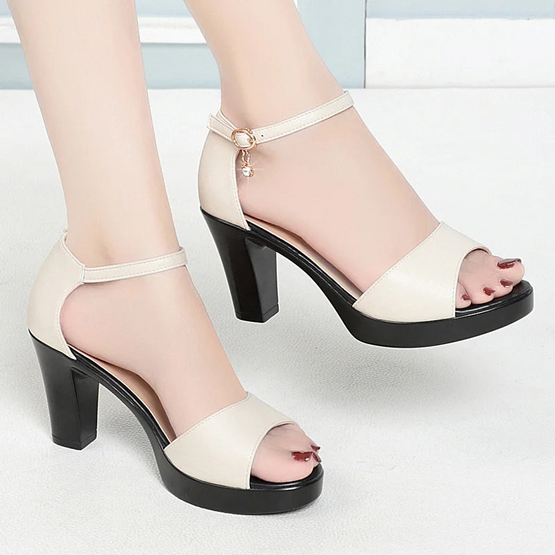 Summer Women Block Heels Fashion Breathable High Heels Sandals Classic Fish Mouth Buckle Versatile Waterproof Platform Sandals