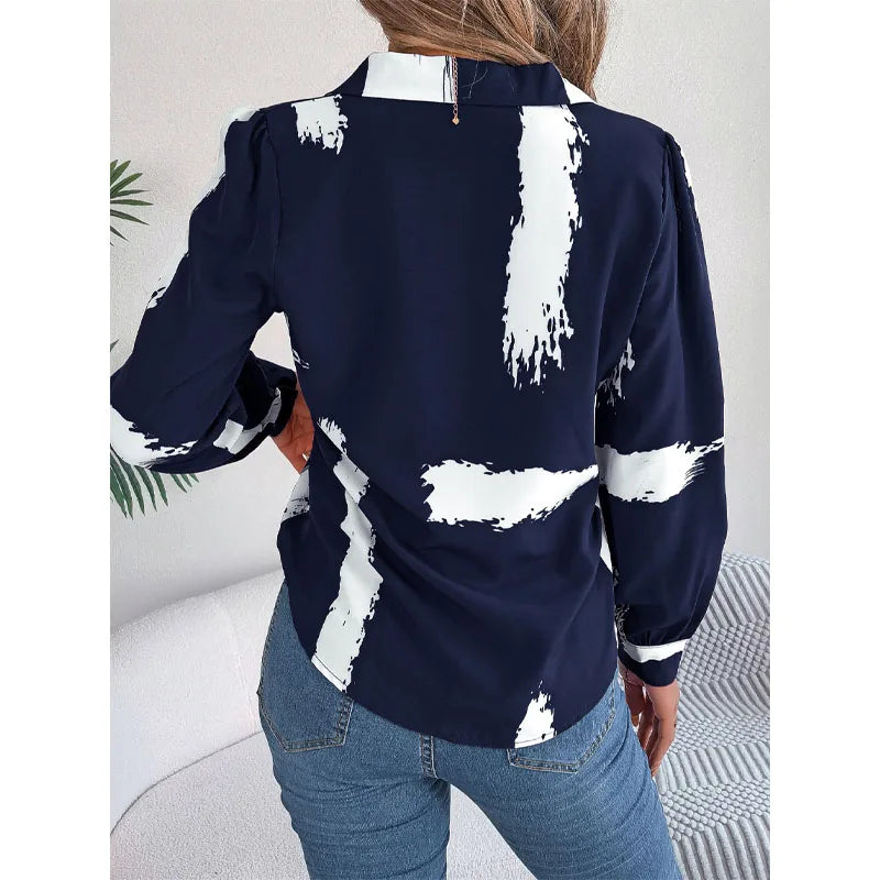 Women's Clothing 2023 Autumn and Winter Fashion New Spliced Button Print Suit Collar Long Sleeve Versatile Temperament Shirt