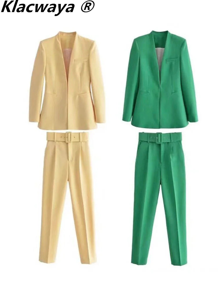 Klacwaya Women Suit Blazer And Pants Blazer Women 2022 High Waisted Trousers Women Office Green Pants Female Suits Set Formal