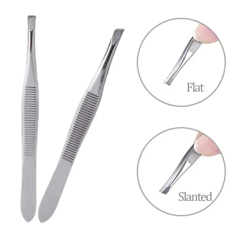 2Pcs/Set Professional Slanted/flat Stainless Steel Hair Removal Clip Eyebrow Face Hair Remover Tweezers Eyebrow Plucking Tools