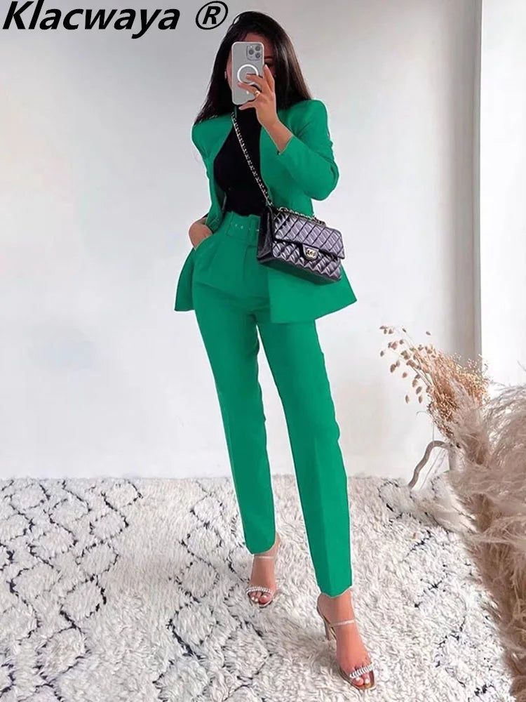 Klacwaya Women Suit Blazer And Pants Blazer Women 2022 High Waisted Trousers Women Office Green Pants Female Suits Set Formal