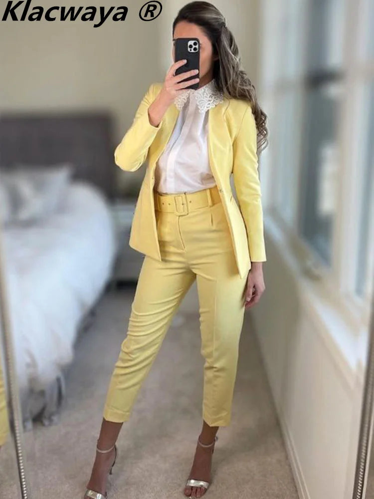 Klacwaya Women Suit Blazer And Pants Blazer Women 2022 High Waisted Trousers Women Office Green Pants Female Suits Set Formal