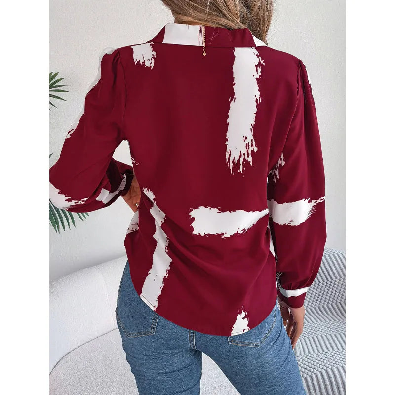 Women's Clothing 2023 Autumn and Winter Fashion New Spliced Button Print Suit Collar Long Sleeve Versatile Temperament Shirt