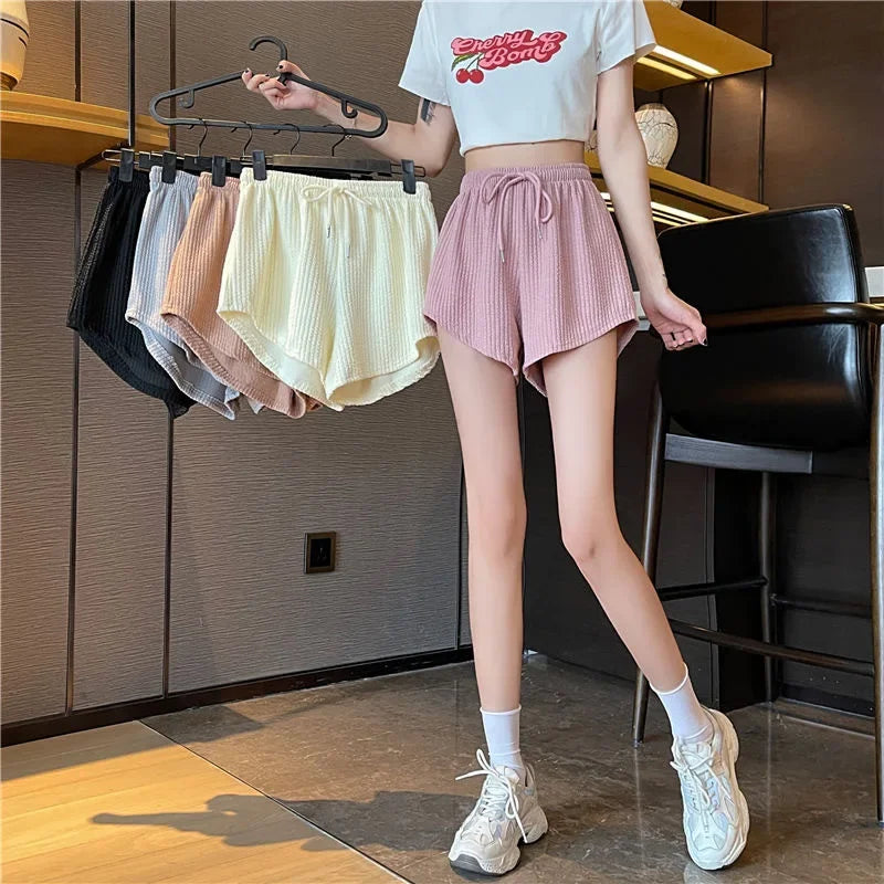 High Elastic Women Shorts Summer Drawstring Shorts Wide Leg Short Fitness Running Shorts Loose Casual Plus Size Sports Pants