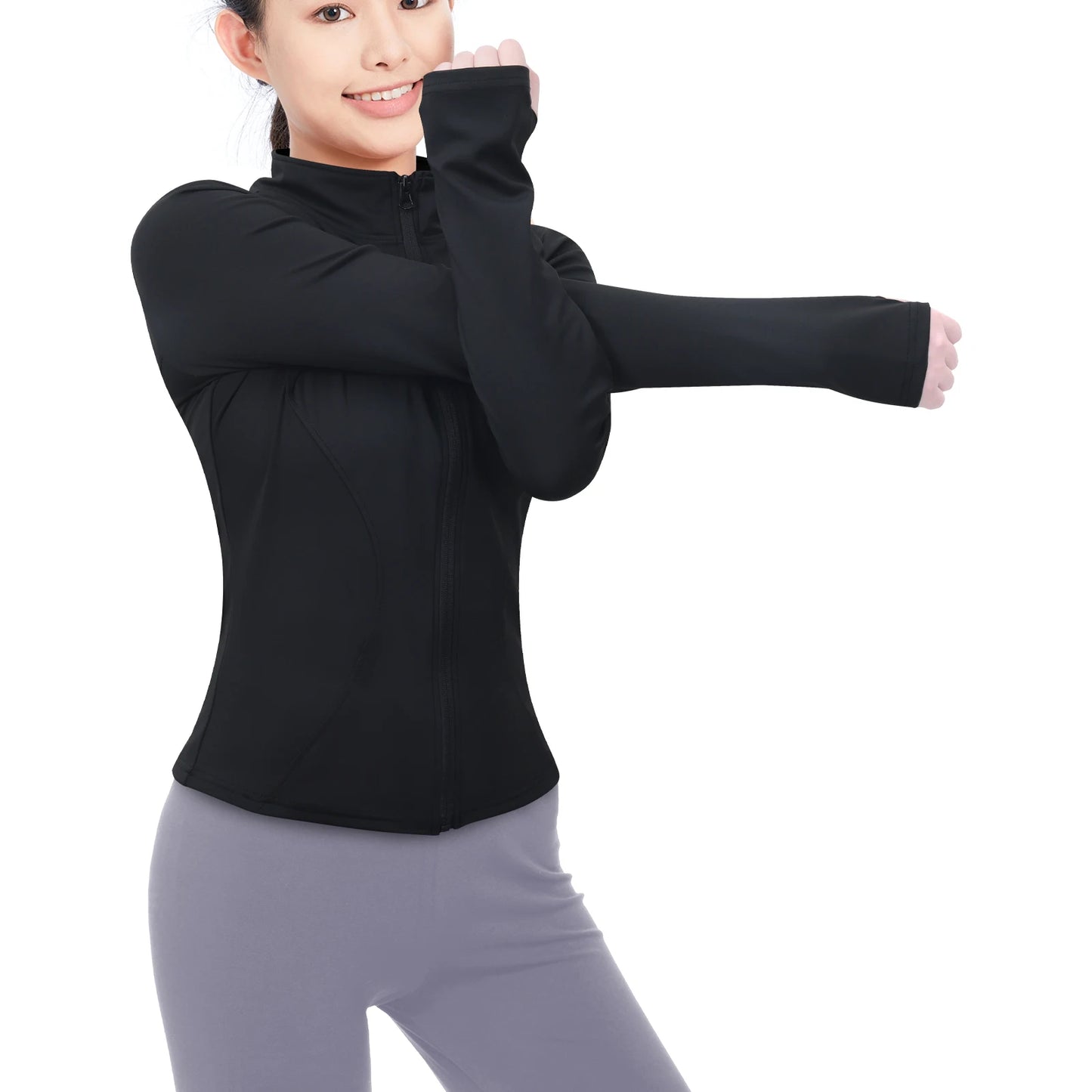 Women's Workout Jacket with Thumb Holes, Lightweight Zip Up Mock Neck Yoga Jacket, Long Sleeve Athletic Slim Fit Tops