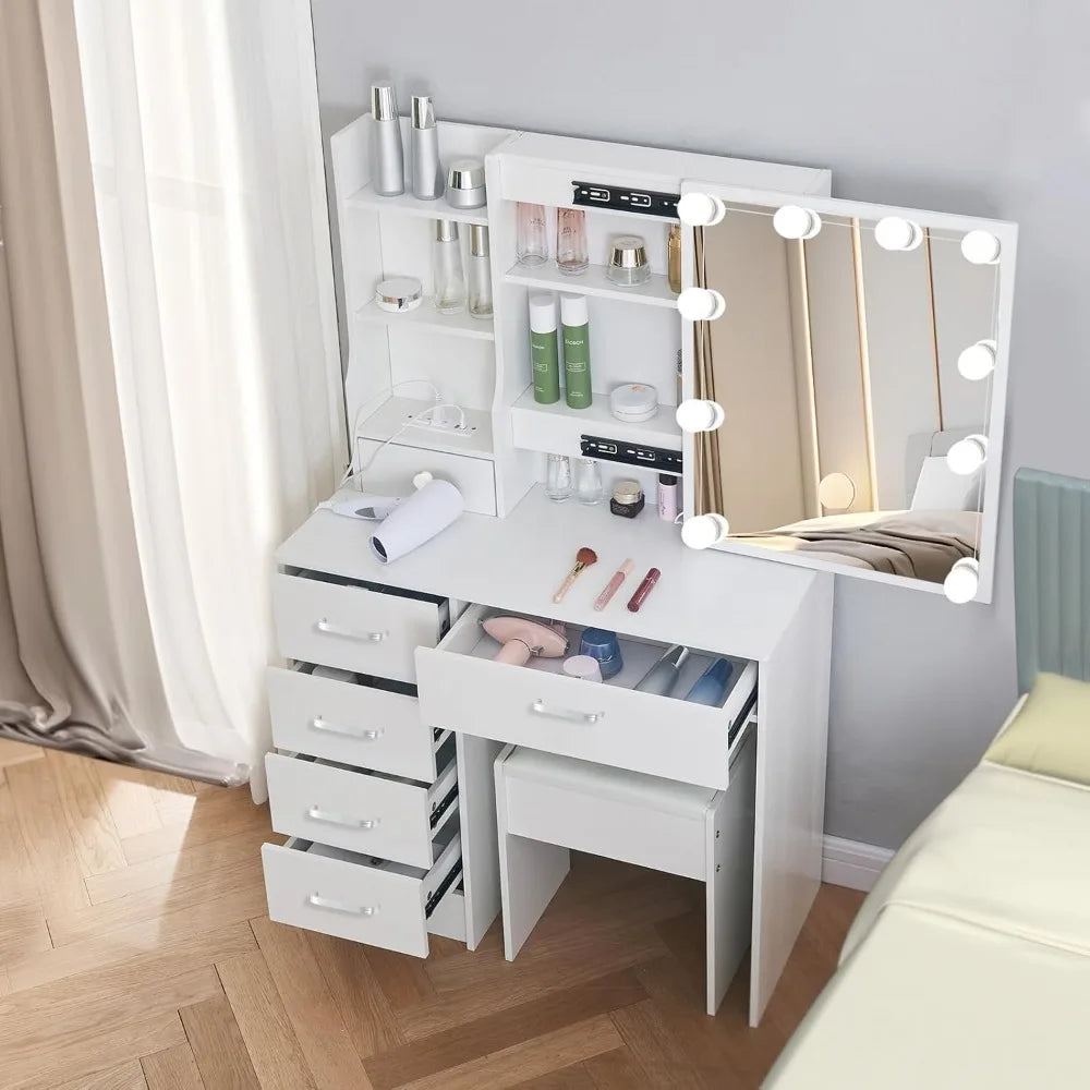 Vanity Desk with Mirror and Lights & Power Outlet, Sliding Makeup Lighted Vanity Mirror with Storage Dresser