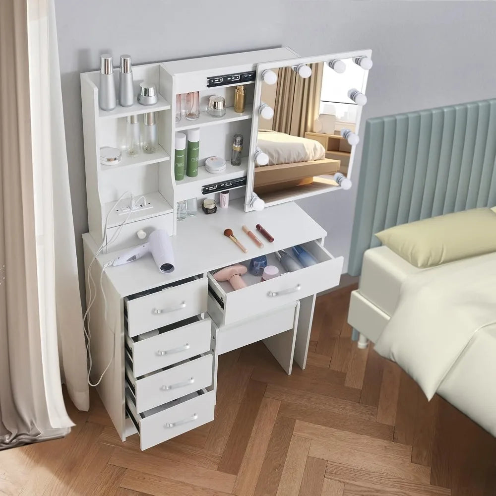 Vanity Desk with Mirror and Lights & Power Outlet, Sliding Makeup Lighted Vanity Mirror with Storage Dresser